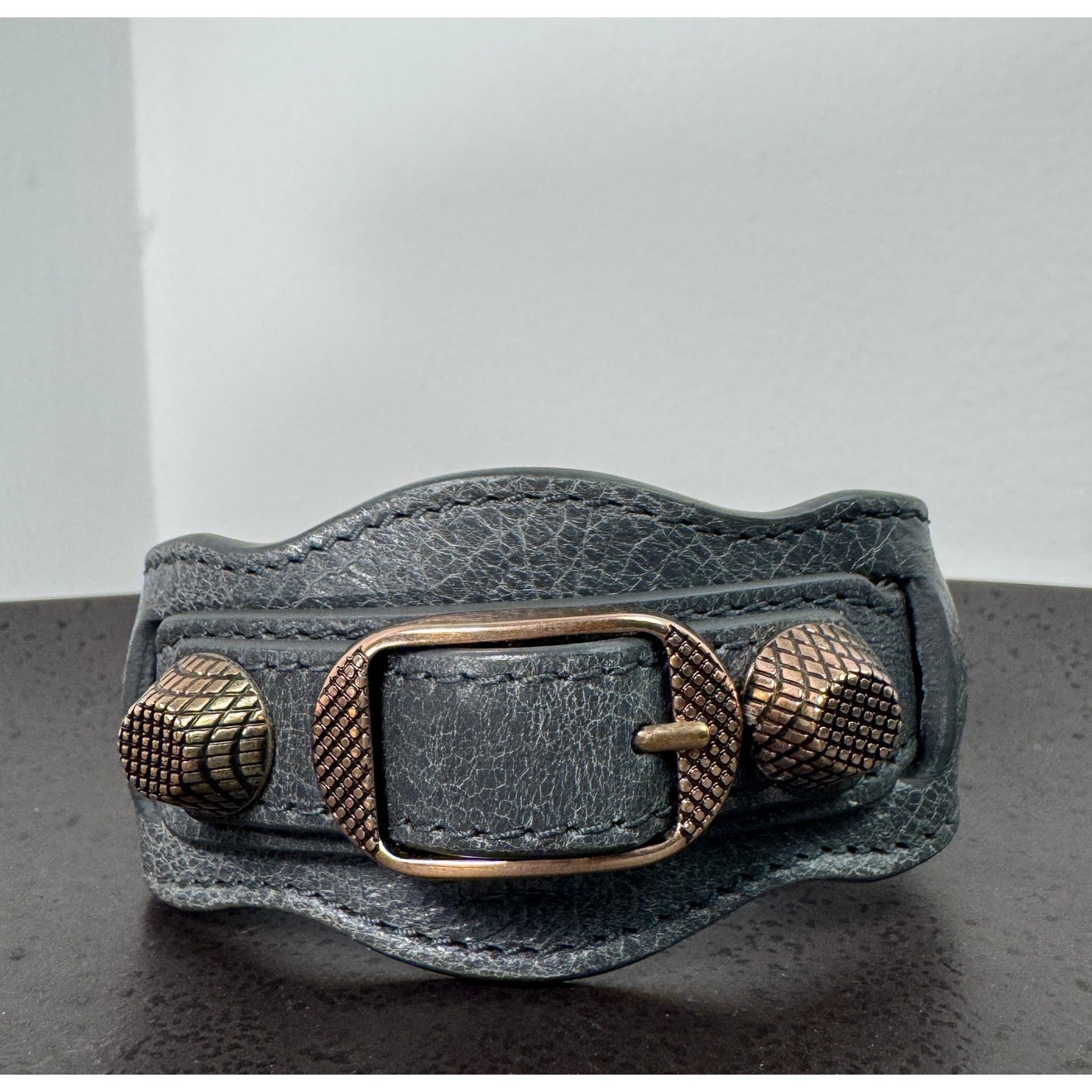 Balenciaga Gray Leather Moto Cuff Wide Bracelet Rose Gold Hardware Small S Italy